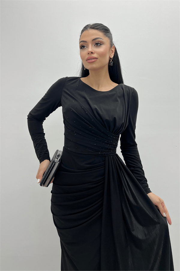 Jarse Kumaş Drapeli Taş Detaylı Elbise - SİYAH