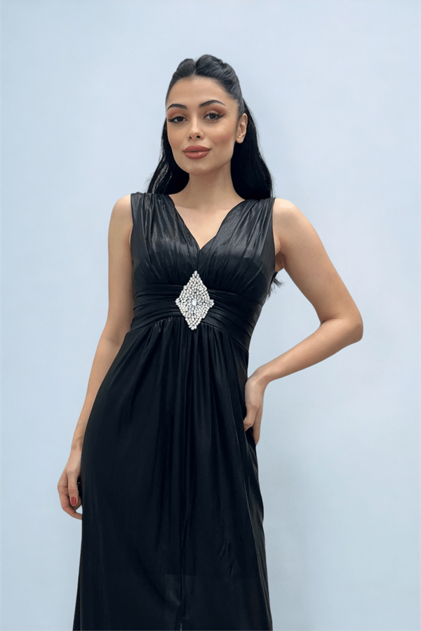 Jarse Kumaş Kemeri Taş Detaylı Abiye Elbise - SİYAH