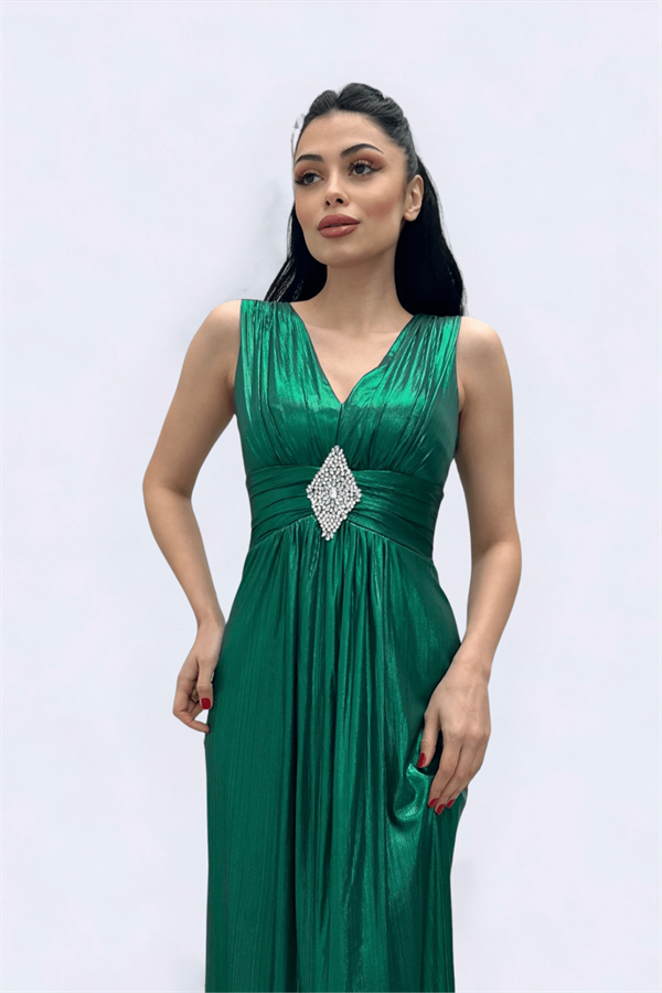 Jarse Kumaş Kemeri Taş Detaylı Abiye Elbise - ZÜMRÜT YEŞİL