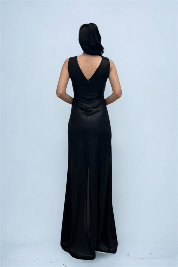 Jarse Kumaş Kemeri Taş Detaylı Abiye Elbise - SİYAH