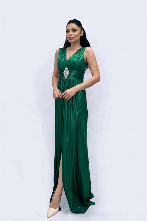 Jarse Kumaş Kemeri Taş Detaylı Abiye Elbise - ZÜMRÜT YEŞİL