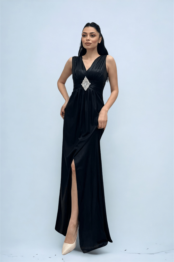 Jarse Kumaş Kemeri Taş Detaylı Abiye Elbise - SİYAH