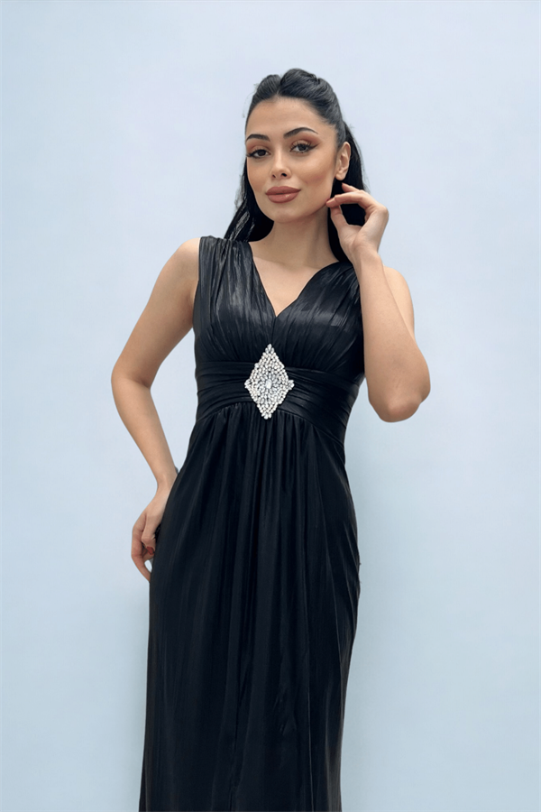 Jarse Kumaş Kemeri Taş Detaylı Abiye Elbise - SİYAH