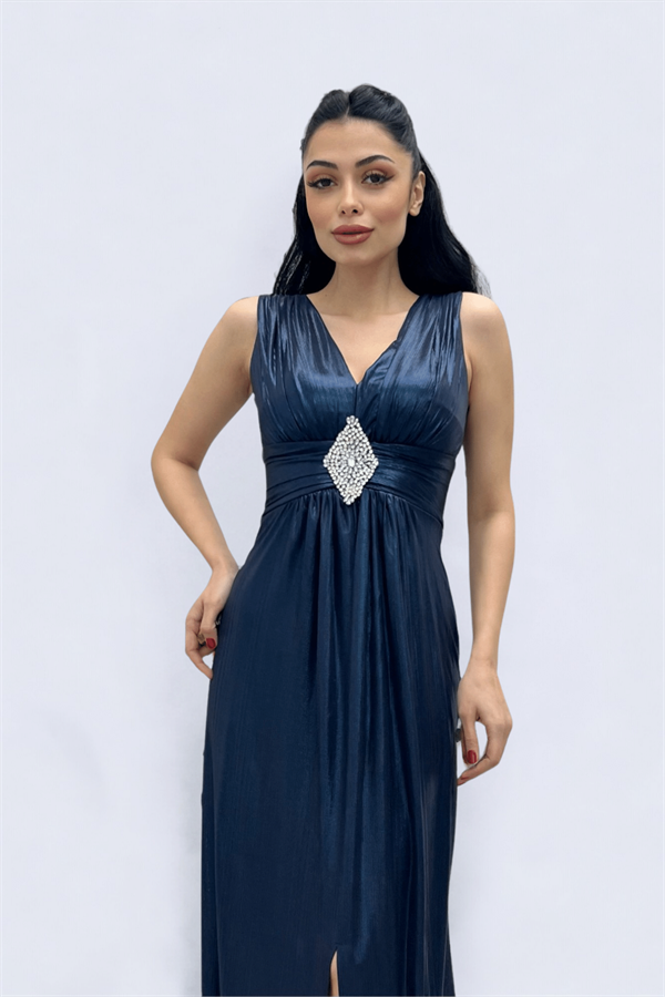 Jarse Kumaş Kemeri Taş Detaylı Abiye Elbise - LACİVERT