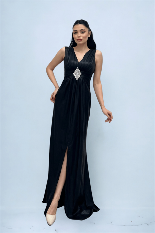 Jarse Kumaş Kemeri Taş Detaylı Abiye Elbise - SİYAH