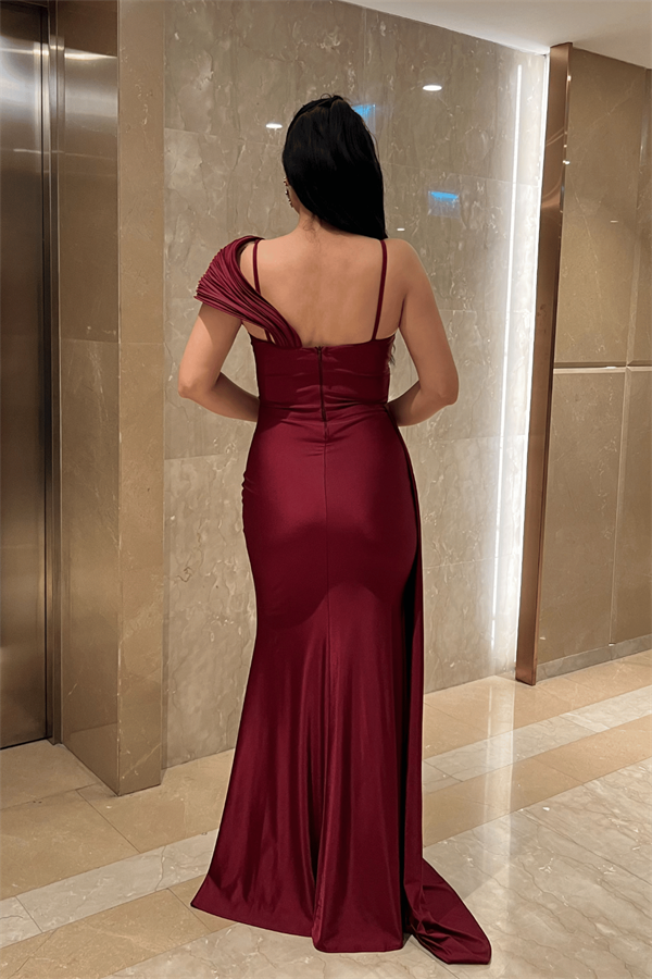 Jarse Kumaş Şal Desenli Abiye Elbise - BORDO