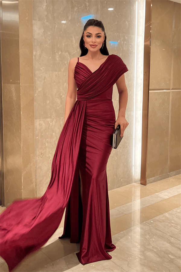 Jarse Kumaş Şal Desenli Abiye Elbise - BORDO