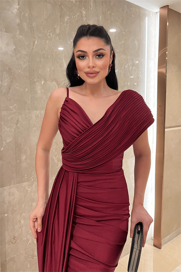 Jarse Kumaş Şal Desenli Abiye Elbise - BORDO