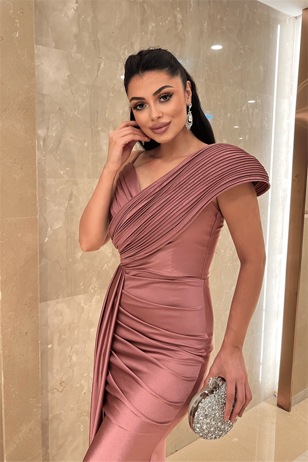 Jarse Kumaş Şal Desenli Abiye Elbise - GÜL KURUSU