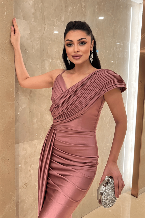 Jarse Kumaş Şal Desenli Abiye Elbise - GÜL KURUSU