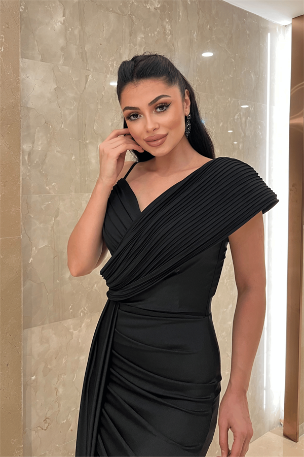 Jarse Kumaş Şal Desenli Abiye Elbise - SİYAH