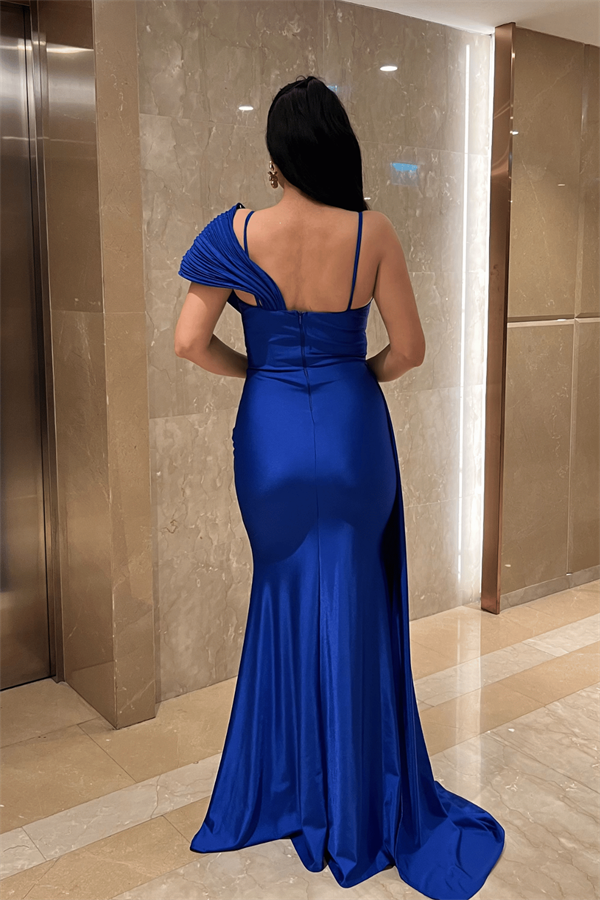 Jarse Kumaş Şal Desenli Abiye Elbise - SAKS MAVİ