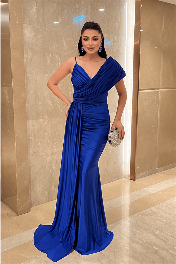 Jarse Kumaş Şal Desenli Abiye Elbise - SAKS MAVİ