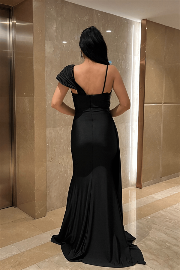 Jarse Kumaş Şal Desenli Abiye Elbise - SİYAH