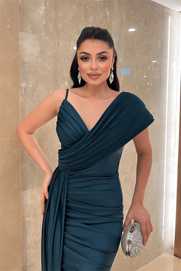 Jarse Kumaş Şal Desenli Abiye Elbise - ZÜMRÜT YEŞİL