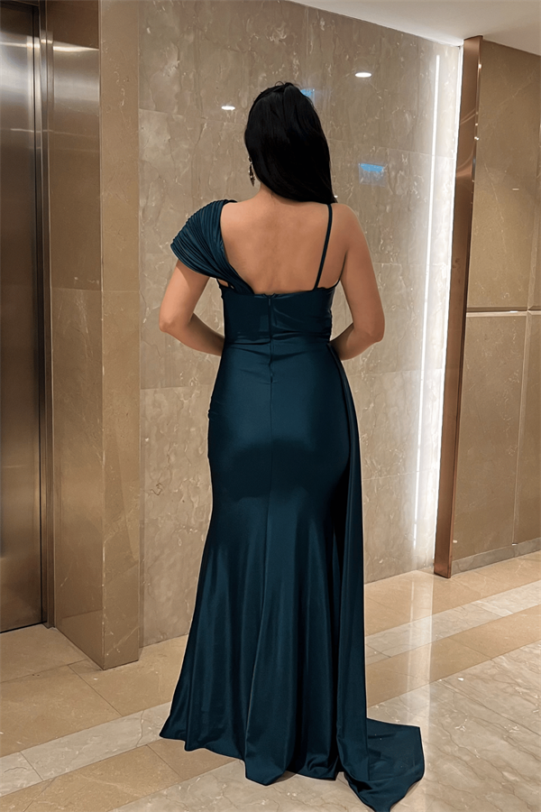 Jarse Kumaş Şal Desenli Abiye Elbise - ZÜMRÜT YEŞİL