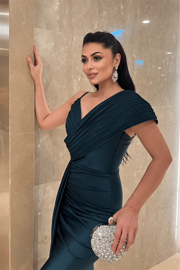 Jarse Kumaş Şal Desenli Abiye Elbise - ZÜMRÜT YEŞİL