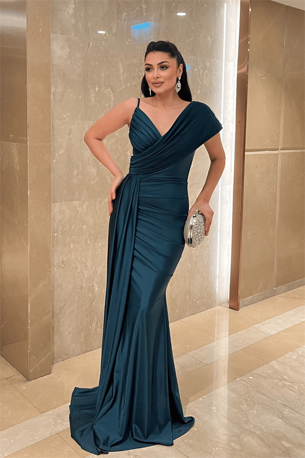 Jarse Kumaş Şal Desenli Abiye Elbise - ZÜMRÜT YEŞİL