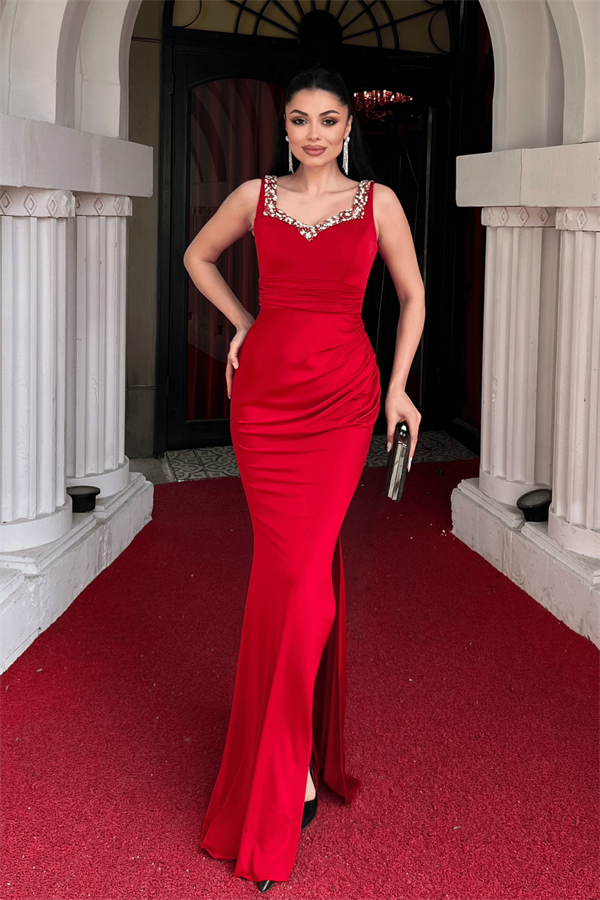 Jarse Kumaş Taş Detaylı Abiye Elbise - KIRMIZI