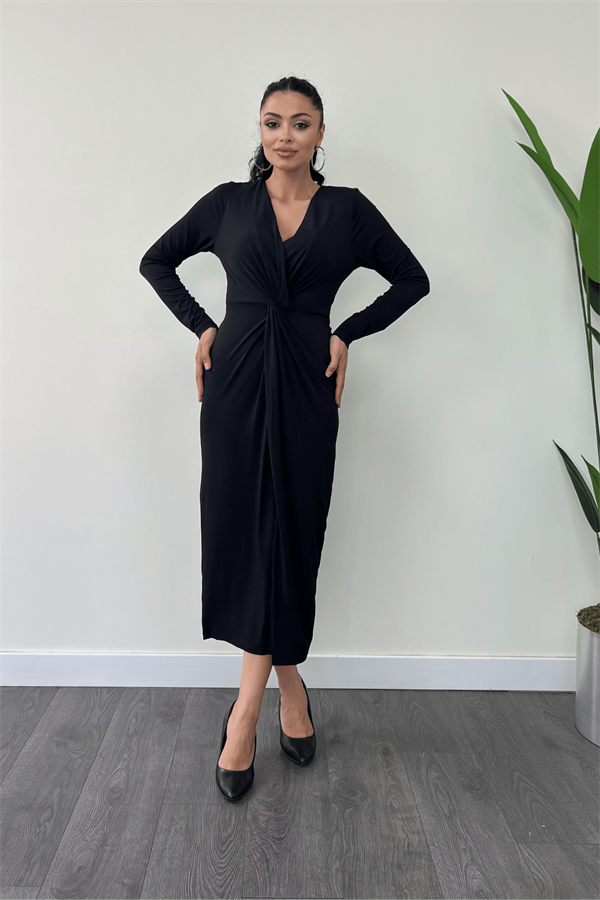 Jarse Kumaş Tasarım Kalem Elbise - SİYAH