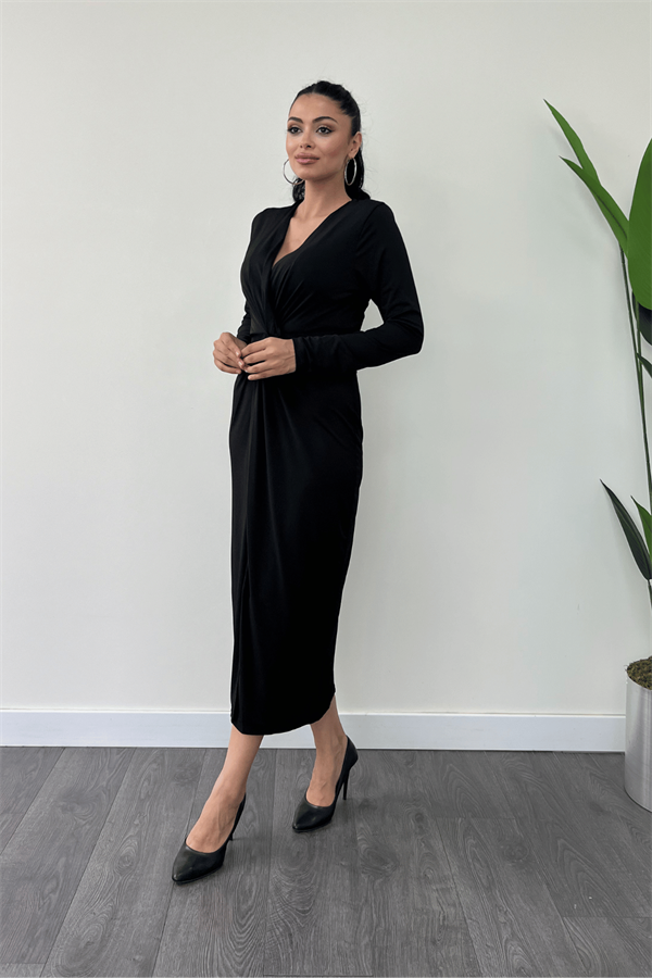 Jarse Kumaş Tasarım Kalem Elbise - SİYAH