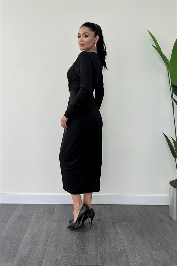 Jarse Kumaş Tasarım Kalem Elbise - SİYAH