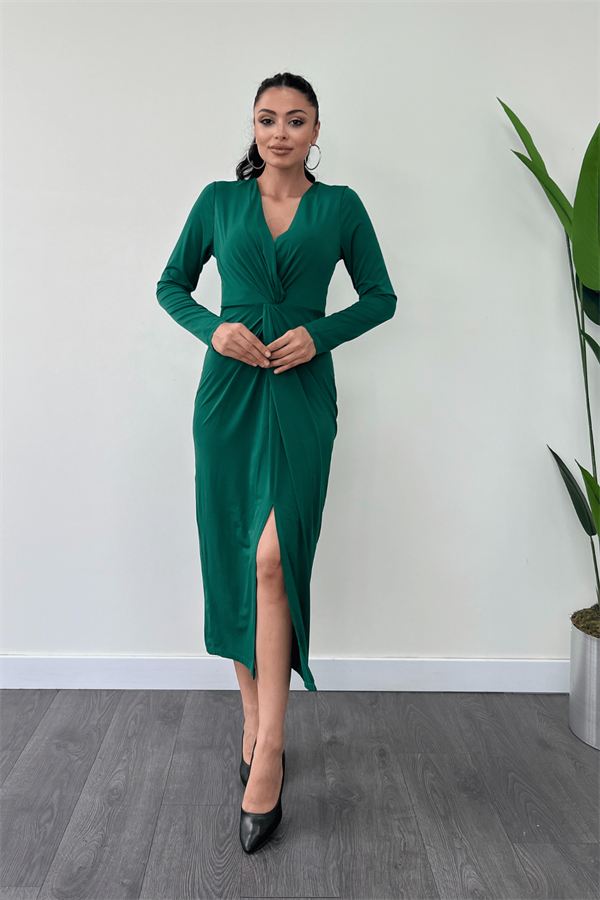 Jarse Kumaş Tasarım Kalem Elbise - ZÜMRÜT YEŞİL