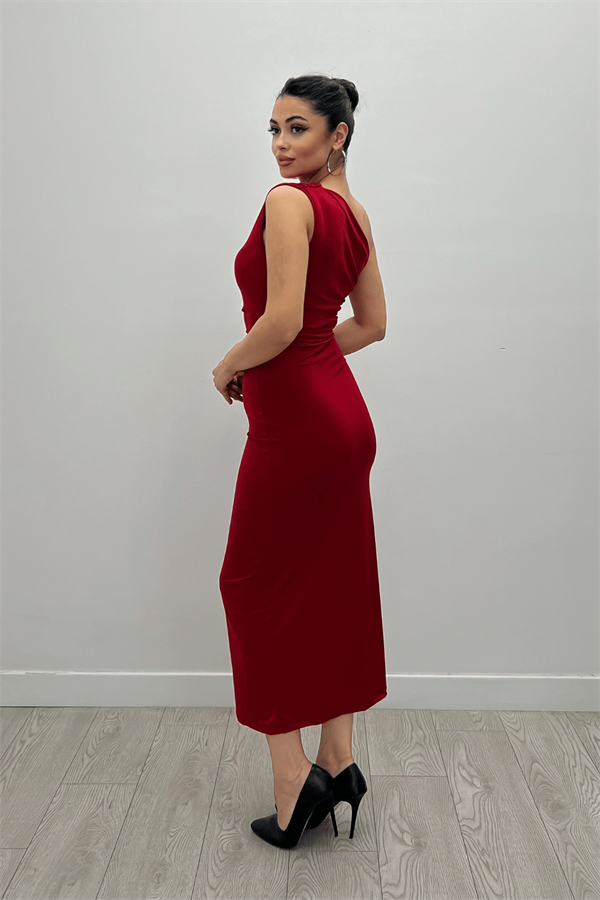 Jarse Kumaş Tek Omuz Büzgü Detaylı Kalem Elbise - KIRMIZI