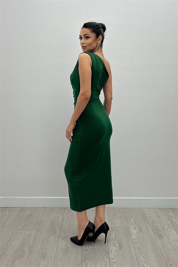 Jarse Kumaş Tek Omuz Büzgü Detaylı Kalem Elbise - ZÜMRÜT YEŞİL