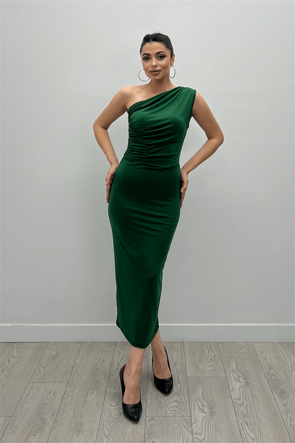 Jarse Kumaş Tek Omuz Büzgü Detaylı Kalem Elbise - ZÜMRÜT YEŞİL