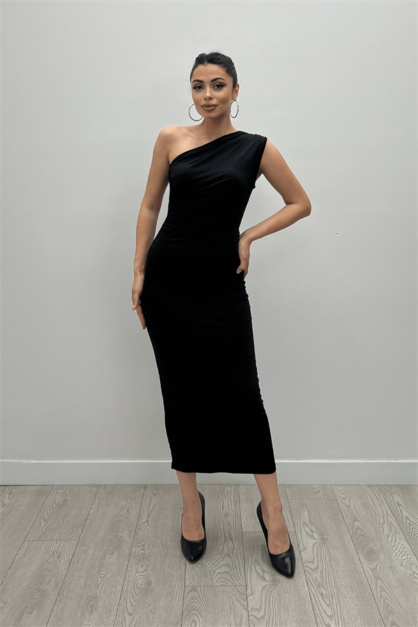 Jarse Kumaş Tek Omuz Büzgü Detaylı Kalem Elbise - SİYAH