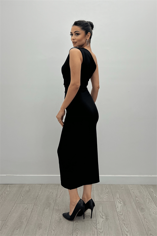 Jarse Kumaş Tek Omuz Büzgü Detaylı Kalem Elbise - SİYAH