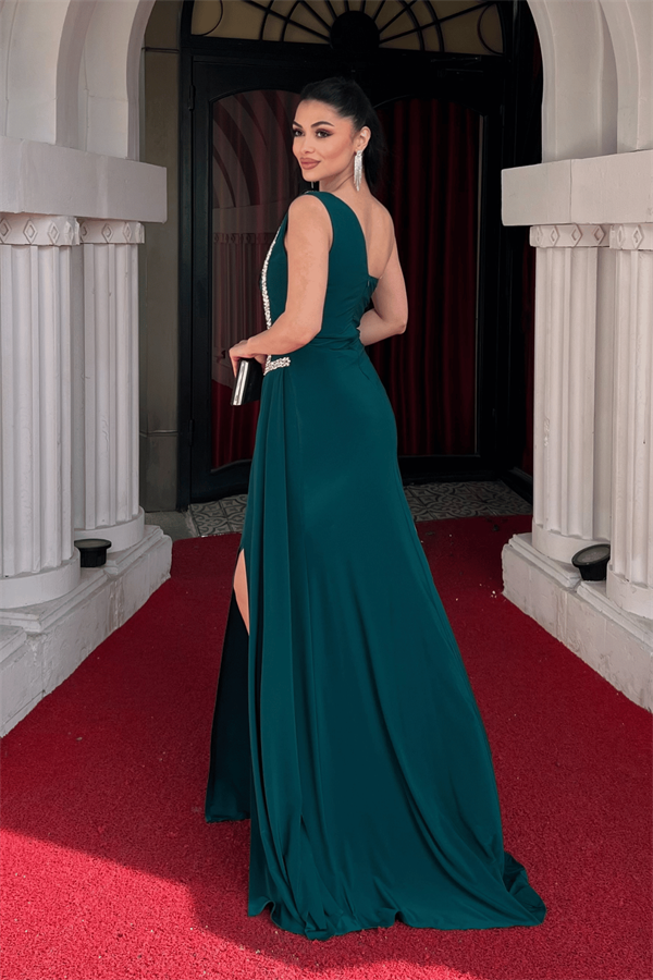 Jarse Kumaş Tek Omuz Taşlı Şal Detaylı Abiye Elbise - ZÜMRÜT YEŞİL