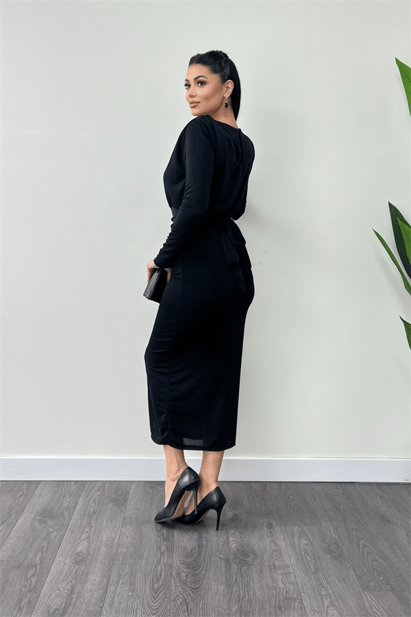 Jarse Payetli Kumaş Büzgü Detaylı Kalem Elbise - SİYAH