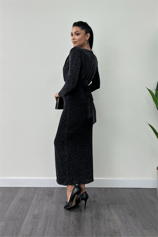 Jarse Payetli Kumaş Büzgü Detaylı Kalem Elbise - SİYAH