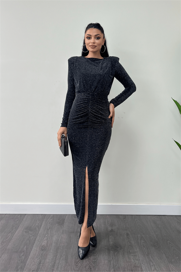 Jarse Payetli Kumaş Büzgü Detaylı Kalem Elbise - SİYAH