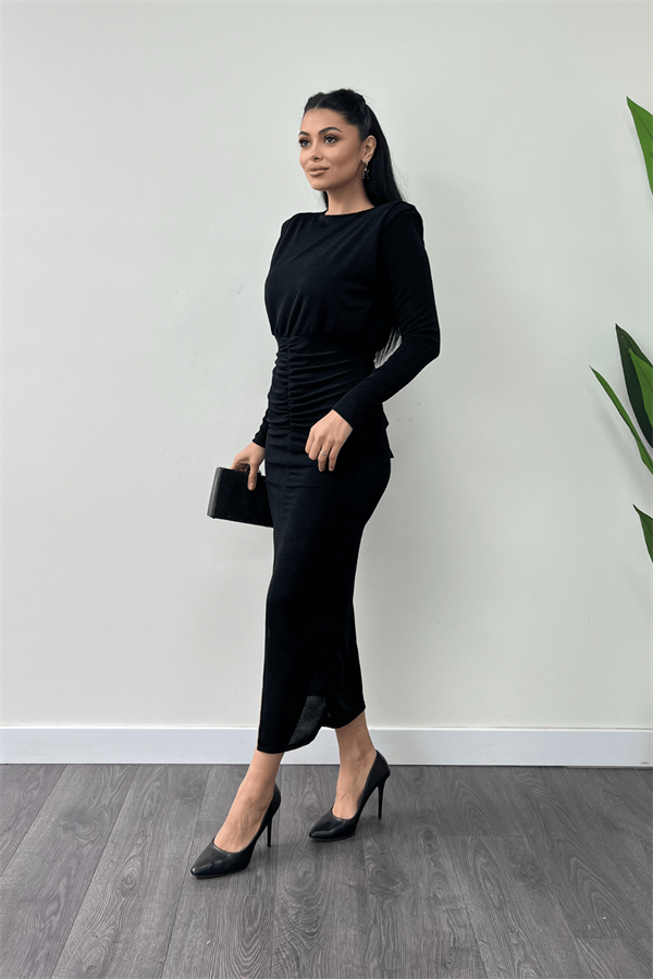 Jarse Payetli Kumaş Büzgü Detaylı Kalem Elbise - SİYAH