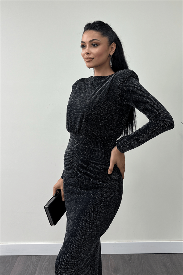 Jarse Payetli Kumaş Büzgü Detaylı Kalem Elbise - SİYAH