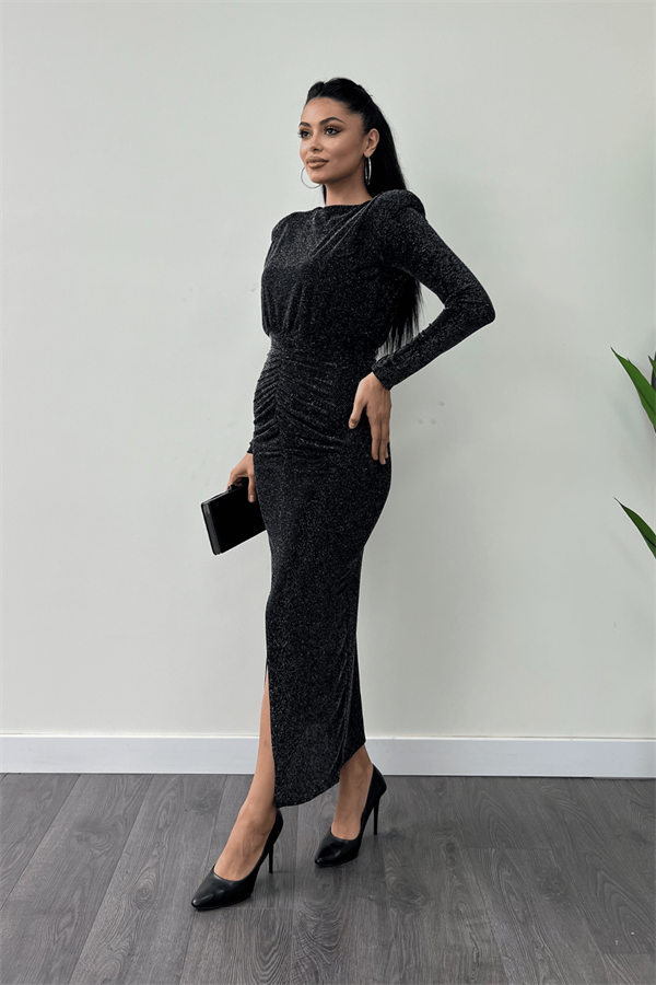 Jarse Payetli Kumaş Büzgü Detaylı Kalem Elbise - SİYAH