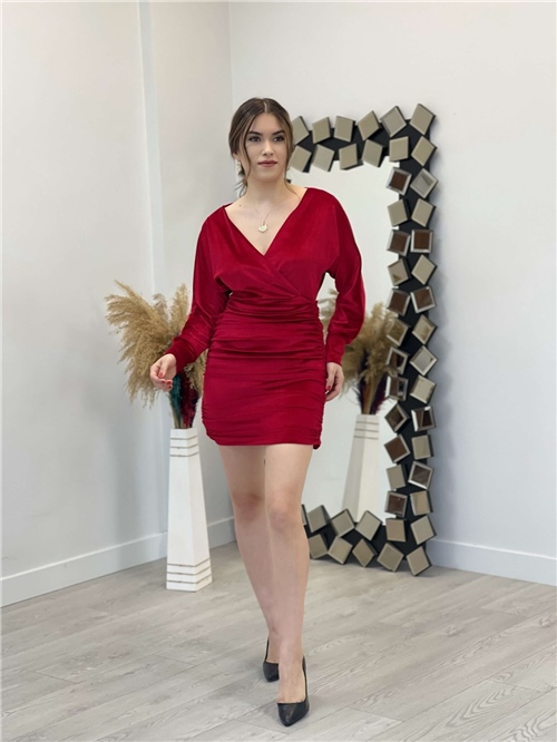 Velvet Gathering Detailed Dress - Red