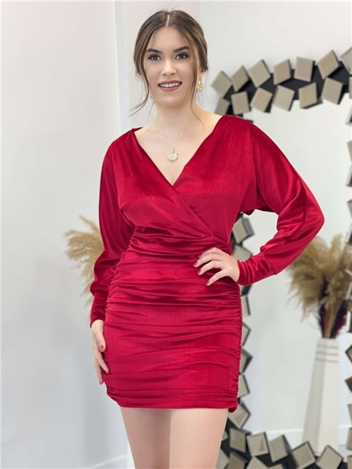 Velvet Gathering Detailed Dress - Red