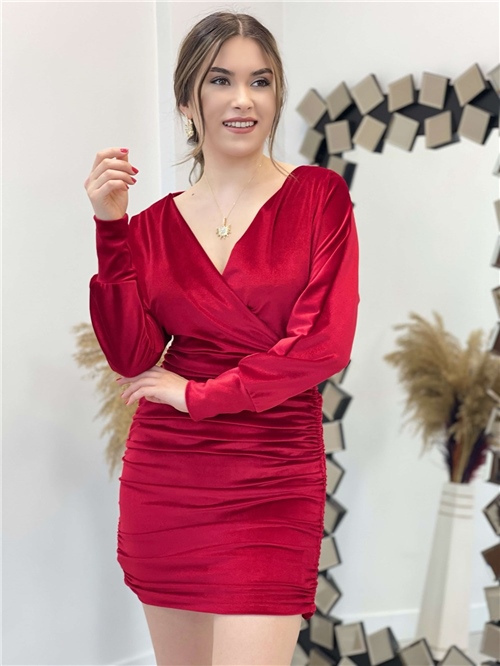 Velvet Gathering Detailed Dress - Red