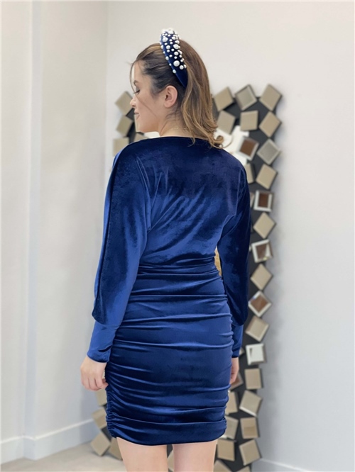 Kadife Büzgü Detaylı Elbise - Lacivert
