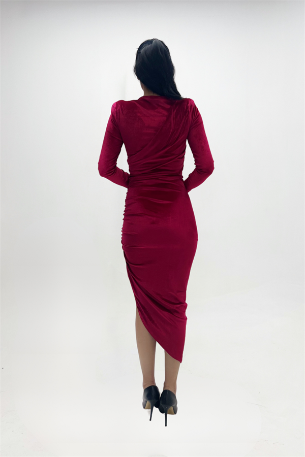 Kadife Kumaş Büzgü Detaylı Abiye Elbise - BORDO