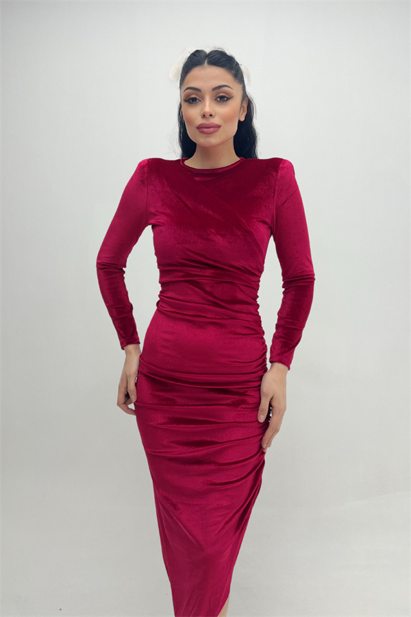 Kadife Kumaş Büzgü Detaylı Abiye Elbise - BORDO