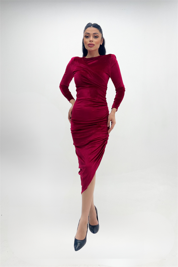 Kadife Kumaş Büzgü Detaylı Abiye Elbise - BORDO