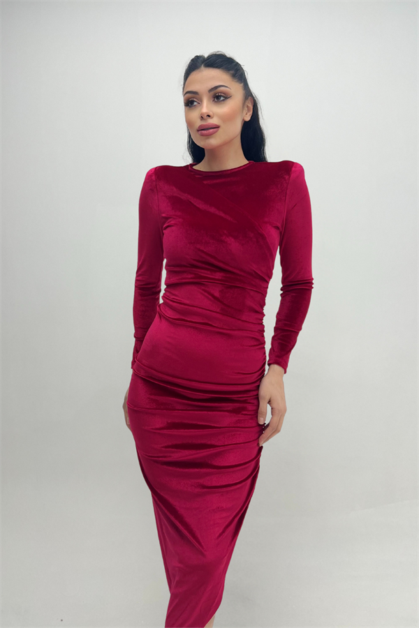 Kadife Kumaş Büzgü Detaylı Abiye Elbise - BORDO