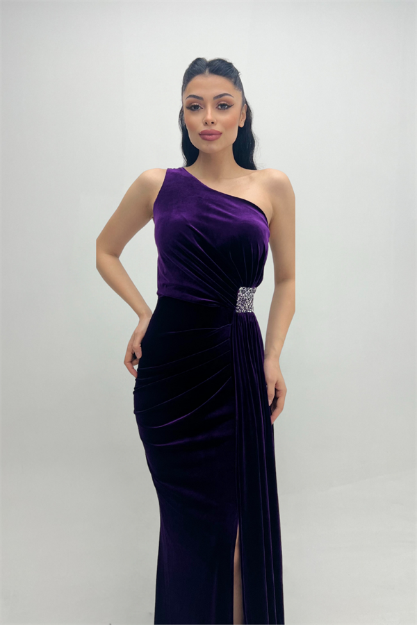 Kadife Kumaş Büzgülü Şal Detaylı Abiye Elbise - MOR