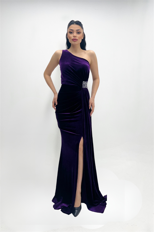 Kadife Kumaş Büzgülü Şal Detaylı Abiye Elbise - MOR