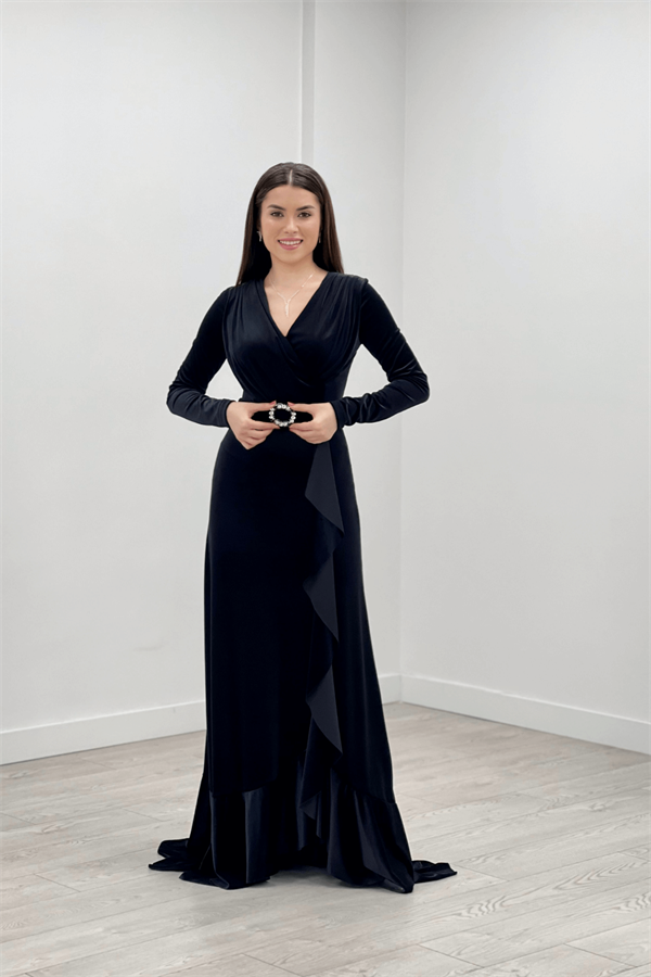 Velvet Fabric Frilly Detail Evening Dress - BLACK